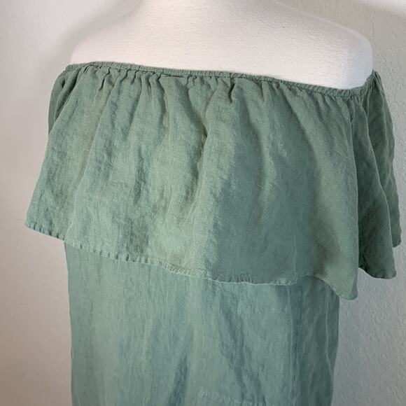 The Impeccable Pig Off the Shoulder Mint/Seafoam Linen Ruffle Dress Women Small - Picture 2 of 6